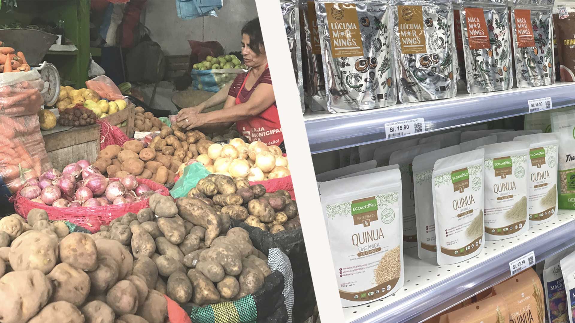 En los anaqueles de la tienda Bivo se intercalan quinua envasada de distintas marcas, como la Tiyapuy, que proviene de un emprendimiento ayacuchano que incluye entre sus productos también papas chips elaboradas solo con papas nativas, sal de Maras y aceite de girasol, y pasta de quinua. Además, avenas y granolas artesanales fortificadas con maca andina Huella Verde del chef Germán Roz; los polvos de Ecoandino, como el de lúcuma, hecho con insumos orgánicos (lúcuma quinua, maíz nativo, algarrobo y canela); y el famoso sustituto del azúcar Lakanto, elaborado con extracto de fruta del monje o monk fruit y eritritol, además de sus derivados.