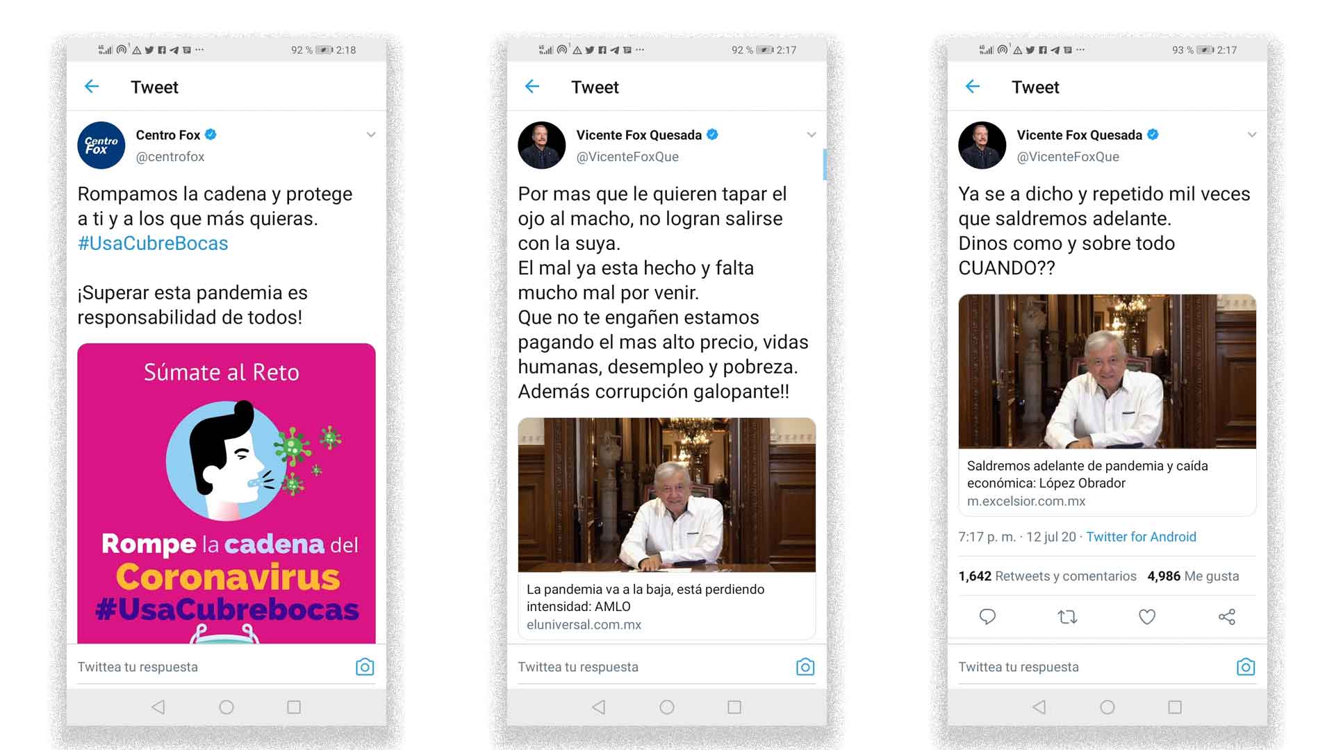 Capturas de pantalla. Tuits de Centro Fox y Vicente Fox