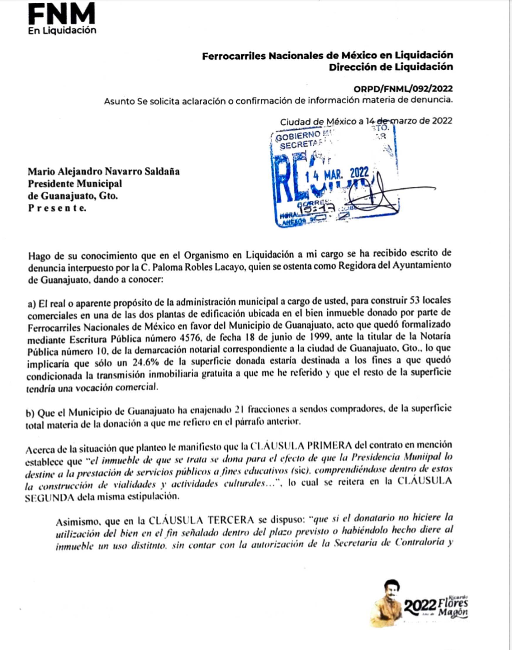 Foto: Especial oficio enviado por FNM al alcalde