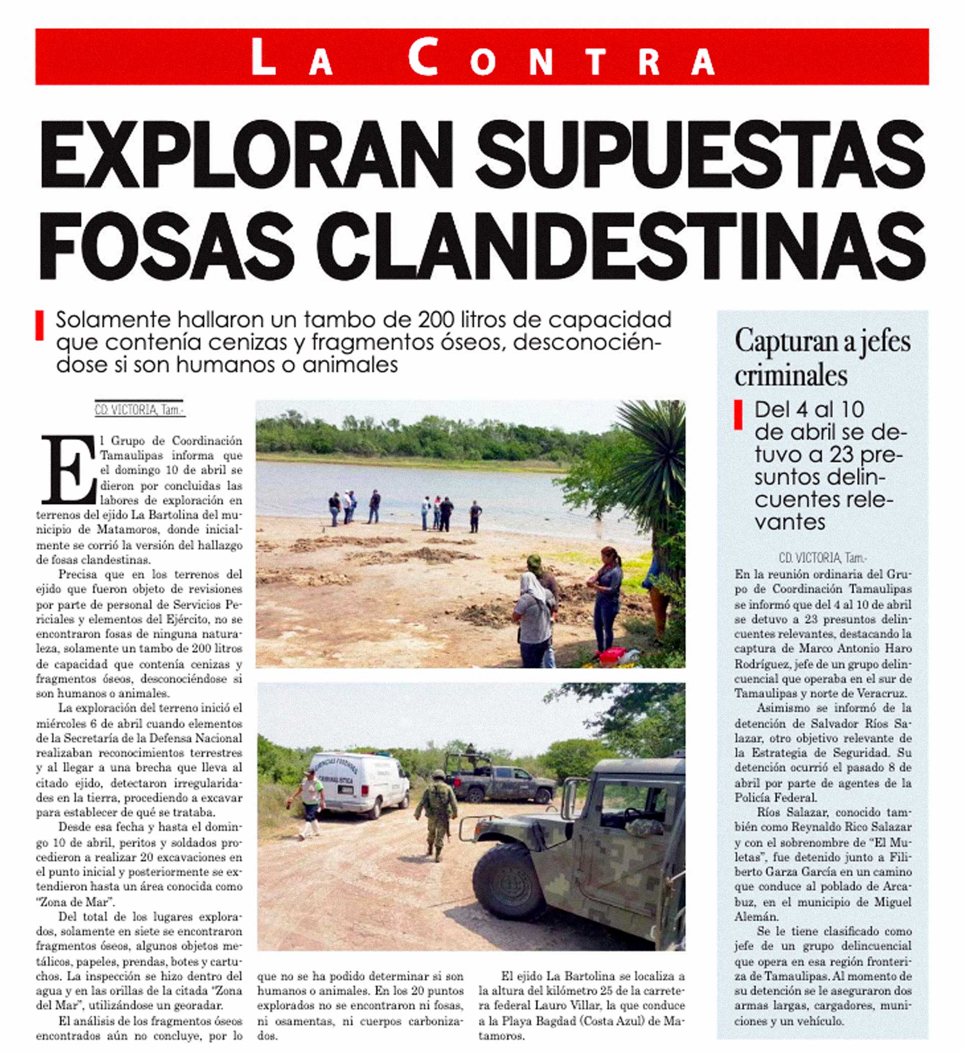 Contraportada del periódico La Prensa de Reynosa, con la información del comunicado emitido por el Grupo de Coordinación Tamaulipas.