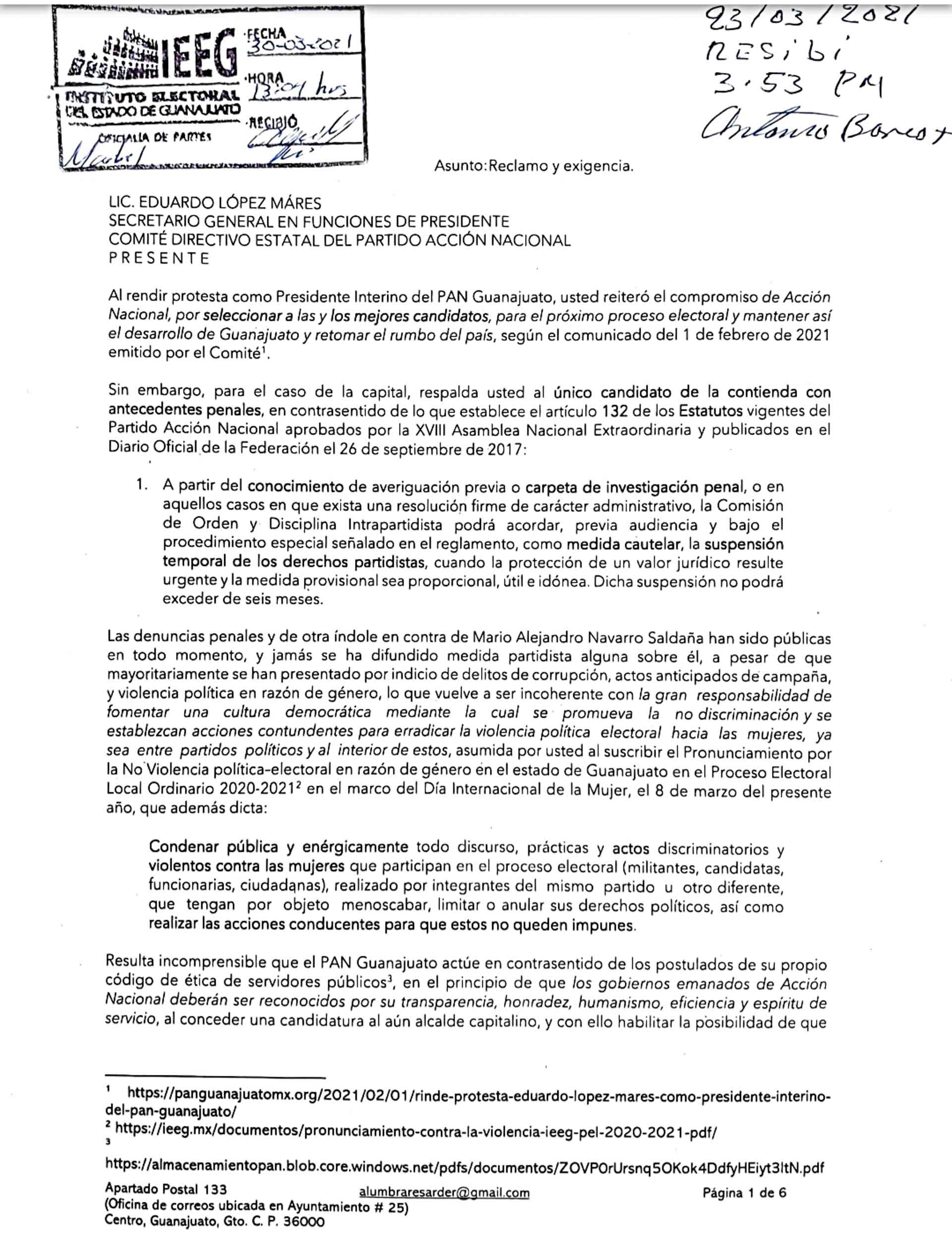 Foto: Especial oficio entregado al Comité del PAN en marzo de 2021