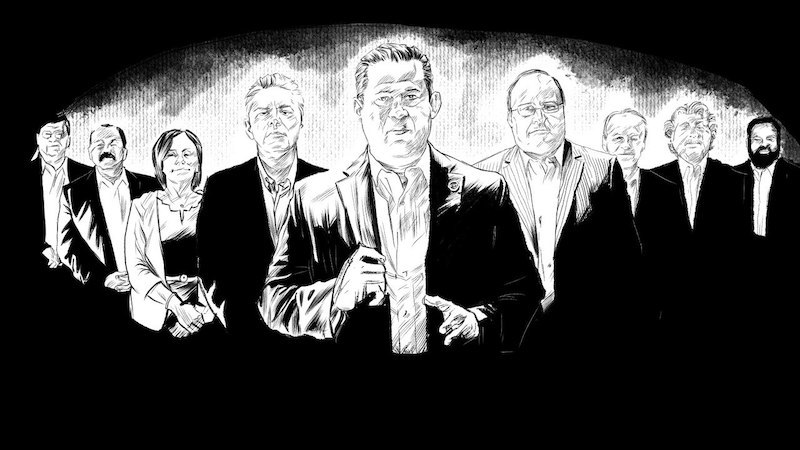 El gobernador de Guanajuato, Diego Sinhue Rodríguez Vallejo acompañado por integrantes de su gabinete y representantes de cámaras empresariales. Ilustración: Pinche Einnar