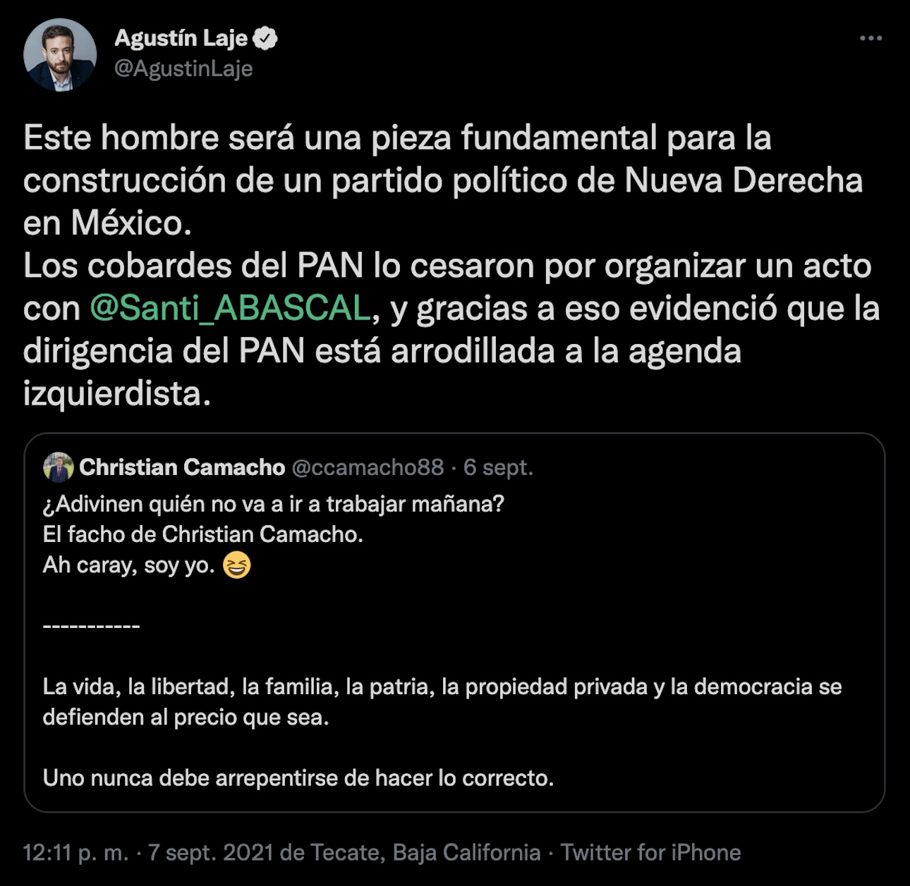 Tuit de Agustín Laje, después de que el PAN se deslindara de Abascal