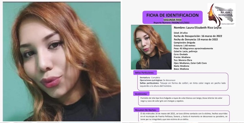 Ficha de identificación difundida en redes para buscar a Laura Elizabeth Rico Leyva. Imagen tomada del Twitter de la Fiscalía General de Sonora.