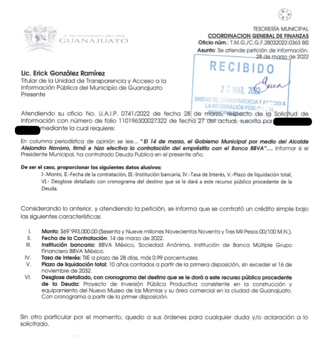 Foto: Especial oficio en el que municipio confirma contratación de deuda